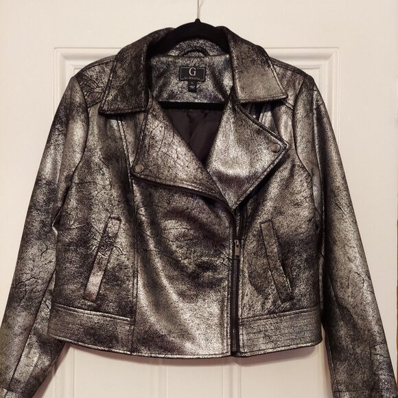 G by Giuliana Dark Silver Metallic Faux Leather Moto-Style Jacket size XL - Picture 1 of 1